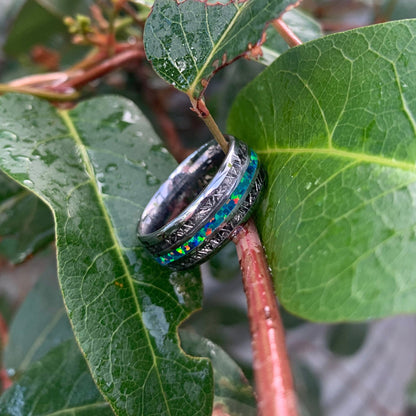 Opal wedding band mens in silver Tungsten, with Gibeon meteorite and opal inlay.