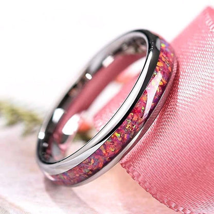 Pink opal ring in a 4mm silver Tungsten band, designed for women.