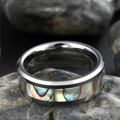 Polished silver ring with abalone inlay and comfort fit 8mm Tungsten band.