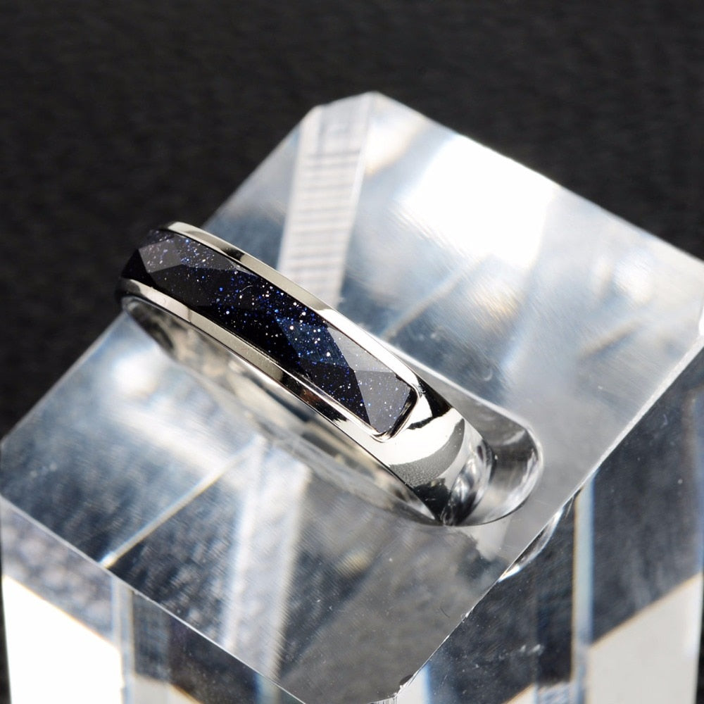 Blue Goldstone Ring Sparkly Gemstone Inlay Ring