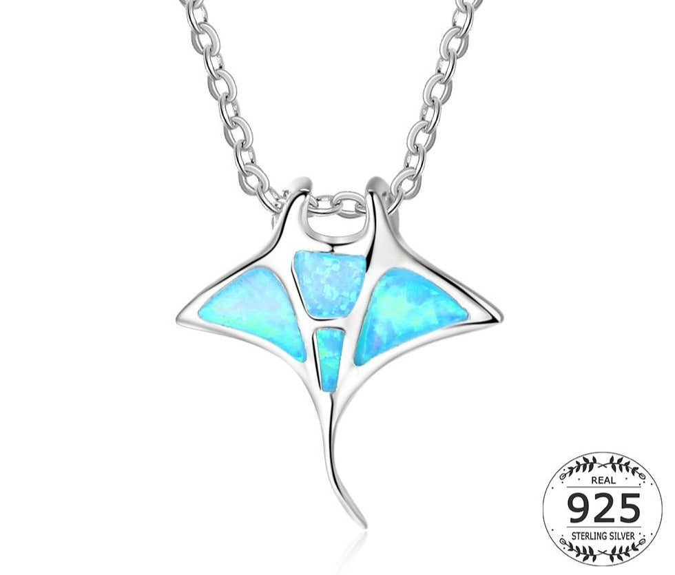 Mantarochen-Anhänger aus 925er-Sterlingsilber, blauer Opal, Haifisch, Stachelrochen-Anhänger, Halskette für Frauen, lange Gliederkette, 925er-Silberschmuck, Geschenk