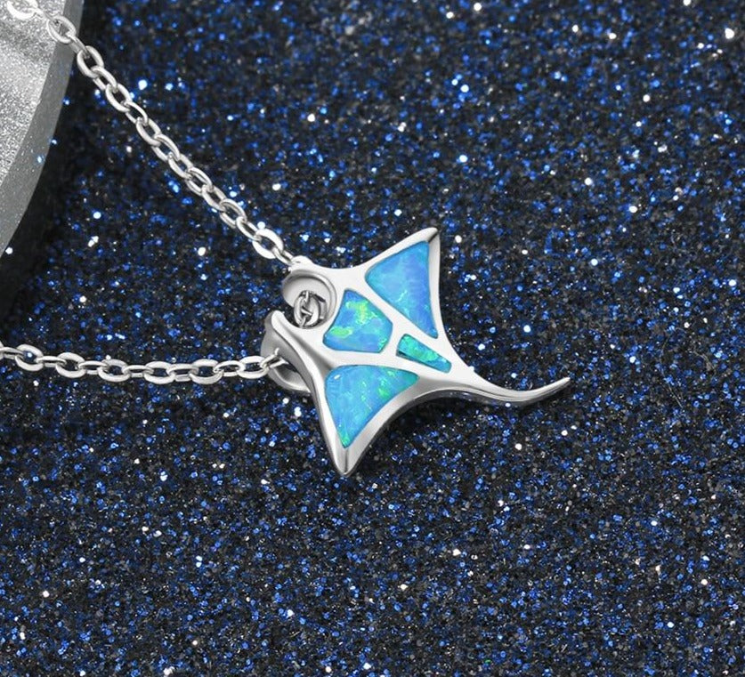 Manta Ray 925 pendentif en argent sterling opale bleue requin poisson Sting Ray pendentif collier pour femmes longue chaîne à maillons 925 bijoux en argent cadeau