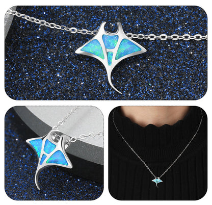 Mantarochen-Anhänger aus 925er-Sterlingsilber, blauer Opal, Haifisch, Stachelrochen-Anhänger, Halskette für Frauen, lange Gliederkette, 925er-Silberschmuck, Geschenk