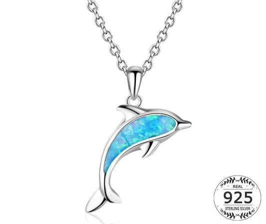 Neue einzigartige 925 Sterling Silber Blau Opal Delphin Anhänger Halskette für Frauen Lange Link Kette 925 Silber Schmuck