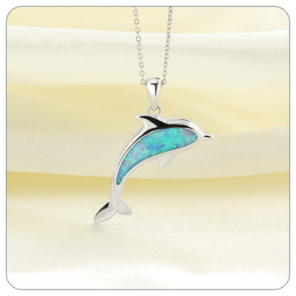 Neue einzigartige 925 Sterling Silber Blau Opal Delphin Anhänger Halskette für Frauen Lange Link Kette 925 Silber Schmuck