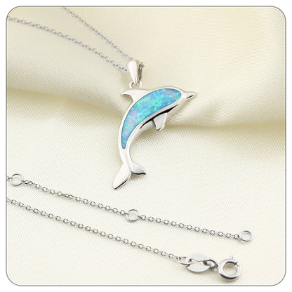 Neue einzigartige 925 Sterling Silber Blau Opal Delphin Anhänger Halskette für Frauen Lange Link Kette 925 Silber Schmuck