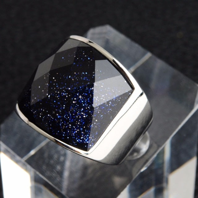 Blue Goldstone Ring Sparkly Gemstone Inlay Ring