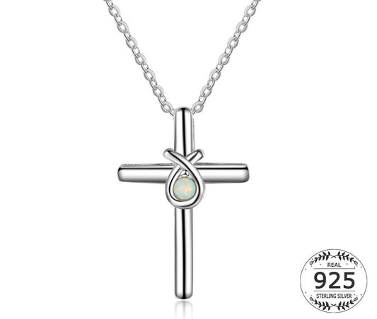 Neue 925 Sterling Silber Mode Twist Kreuz Weiß Opal Anhänger Halsketten für Frauen Silber Lange Link Kette Schmuck