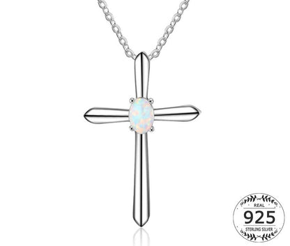 Neue 925 Sterling Silber Mode Kreuz Weiß Opal Anhänger Halsketten für Frauen Silber Lange Link Kette Schmuck Geschenk