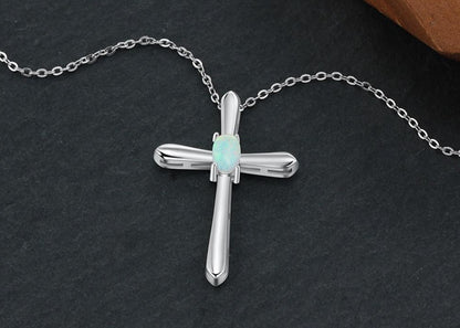 Neue 925 Sterling Silber Mode Kreuz Weiß Opal Anhänger Halsketten für Frauen Silber Lange Link Kette Schmuck Geschenk