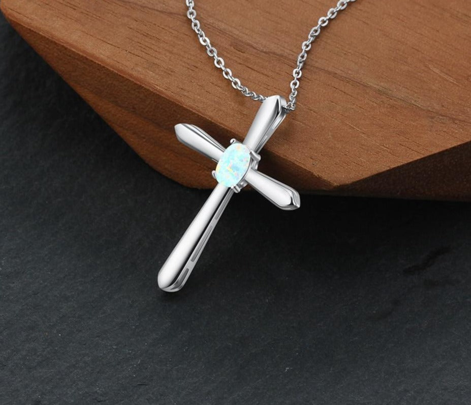 Neue 925 Sterling Silber Mode Kreuz Weiß Opal Anhänger Halsketten für Frauen Silber Lange Link Kette Schmuck Geschenk