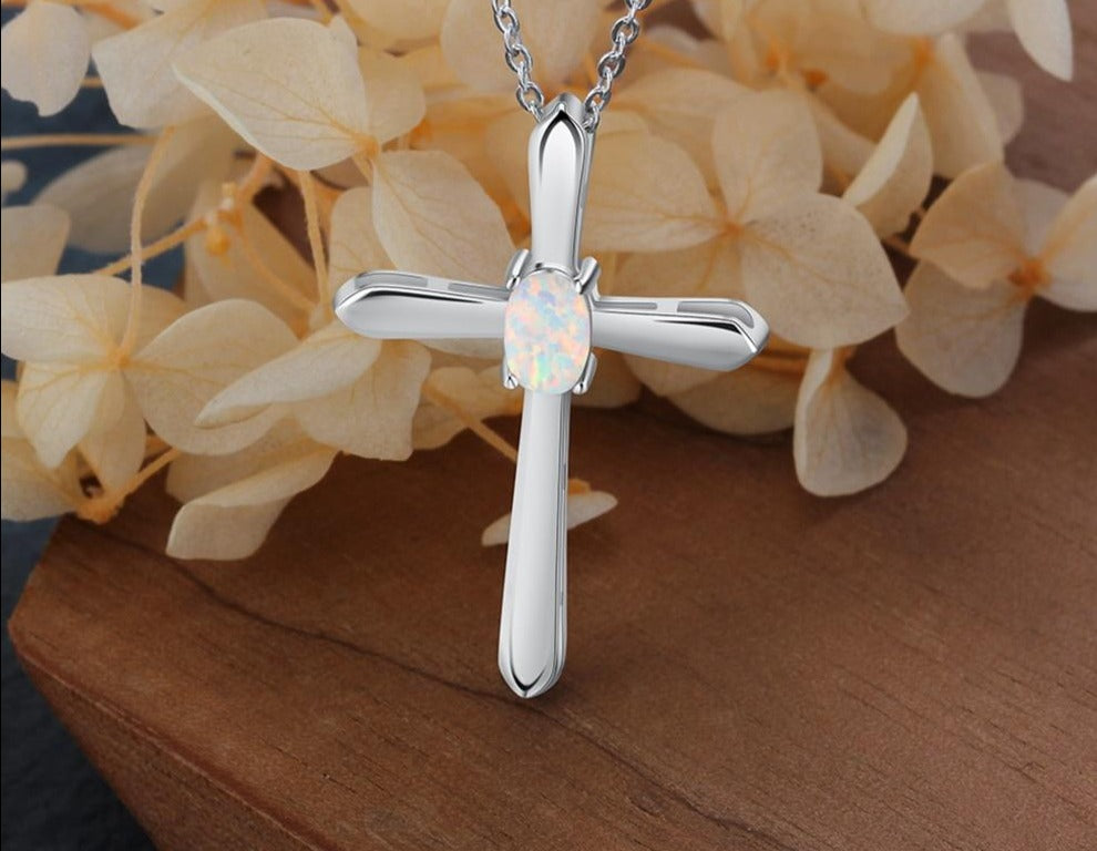 Neue 925 Sterling Silber Mode Kreuz Weiß Opal Anhänger Halsketten für Frauen Silber Lange Link Kette Schmuck Geschenk