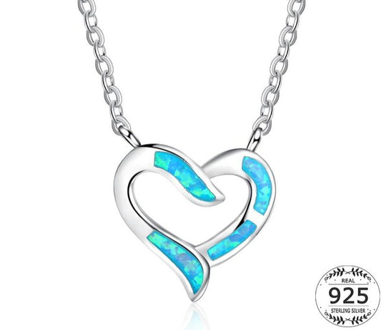 925 Sterling Silver Heart Pendant Necklace Women Blue Fire Opal Necklace Drops Charms Link Chains Necklace