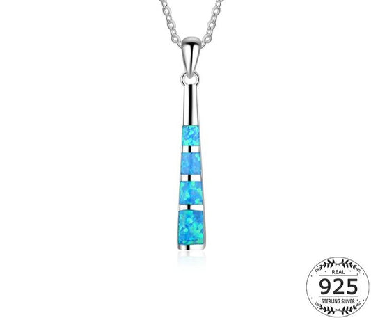 925 Sterling Silver Blue Fire Opal Necklace For Women Colar Chain Charm Dangle Bar Necklace Long Pendants Necklace