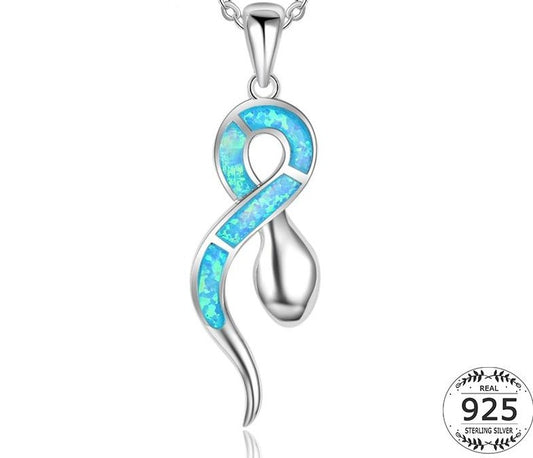 925 Sterling Silver Snake Animal Pendant Necklace For Women Serpent Blue Fire Opal Necklace Infinity Necklace Chains