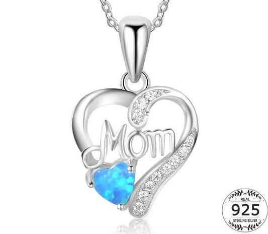 925 Sterling Silver Heart Pendant Necklace Women Blue Opal Mom Necklace Gift Zircon Initial Letter Necklace Chain