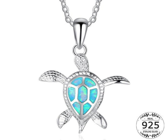 925 Sterling Silver Turtle Necklace Collar Women Blue Fire Opal Animal Pendant Necklace Charm Link Chains Necklace