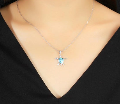 925 Sterling Silver Turtle Necklace Collar Women Blue Fire Opal Animal Pendant Necklace Charm Link Chains Necklace