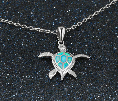 925 Sterling Silver Turtle Necklace Collar Women Blue Fire Opal Animal Pendant Necklace Charm Link Chains Necklace