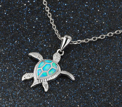 925 Sterling Silver Turtle Necklace Collar Women Blue Fire Opal Animal Pendant Necklace Charm Link Chains Necklace