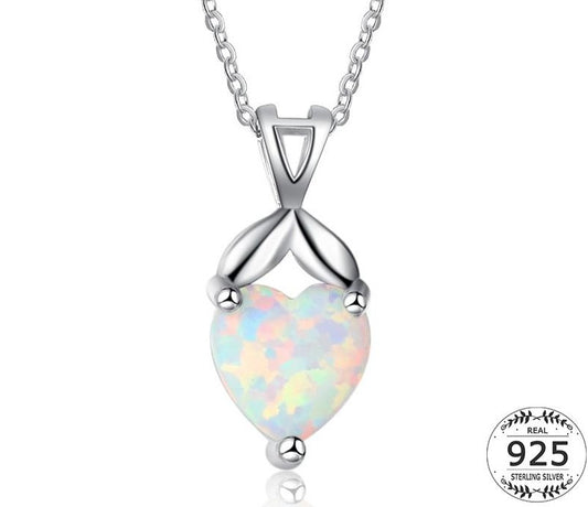 925 Sterling Silver Opal Necklace Heart Pendant Necklace Colar Women Dangle Gemstone Solitaire Necklace Chains