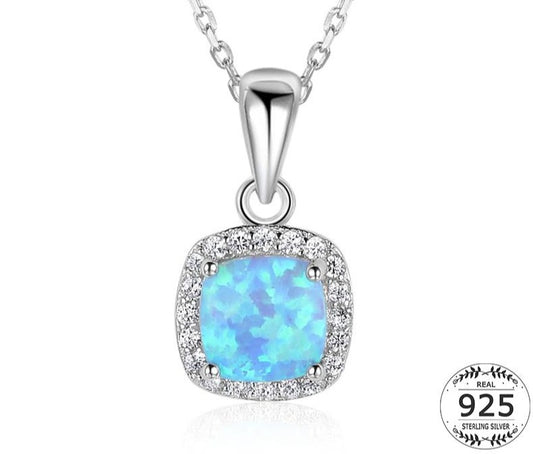 925 Sterling Silver Square Pendant Necklace Collar For Women Blue Opal Solitaire Necklace Zirconia Chains Necklace