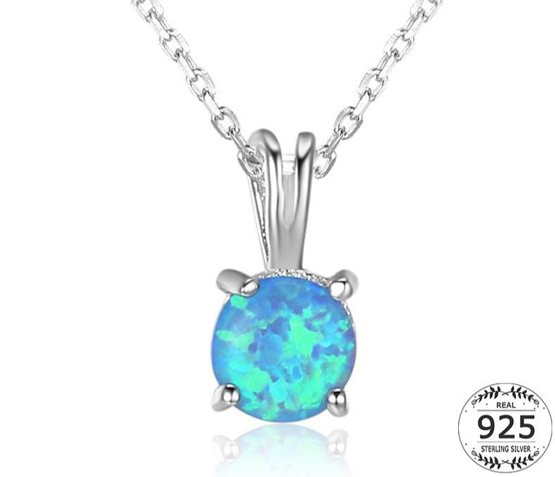 925 Sterling Silver Gem Stone Solitaire Pendant Necklace Collar Women Round Dangle Blue Fire Opal Necklace Chains