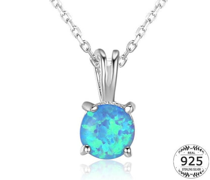 925 Sterling Silver Gem Stone Solitaire Pendant Necklace Collar Women Round Dangle Blue Fire Opal Necklace Chains