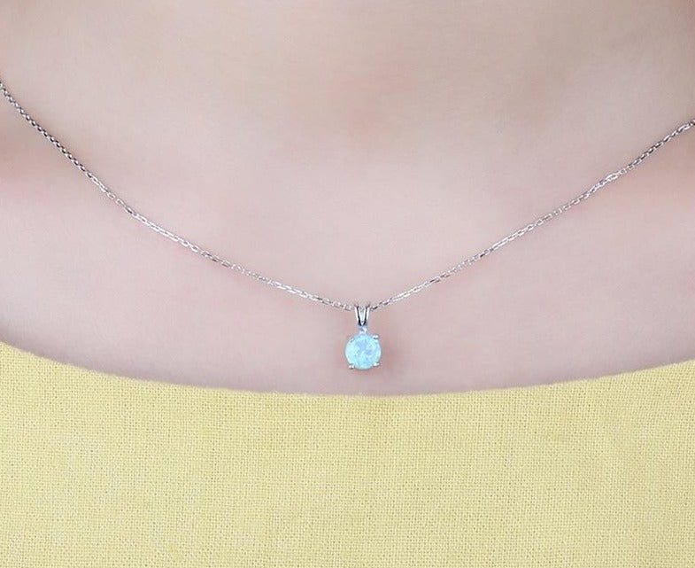 925 Sterling Silver Gem Stone Solitaire Pendant Necklace Collar Women Round Dangle Blue Fire Opal Necklace Chains