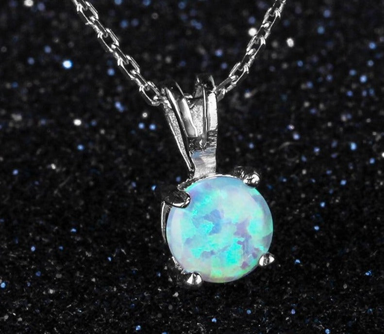 925 Sterling Silver Gem Stone Solitaire Pendant Necklace Collar Women Round Dangle Blue Fire Opal Necklace Chains