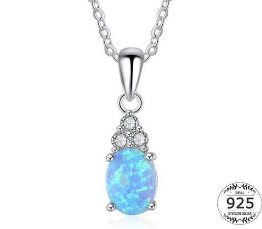 Halskette mit CZ-Anhänger aus 925er-Sterlingsilber für Damen, blaue Feueropal-Halskette, Gliederketten, Zirkon-Solitär-Halskette