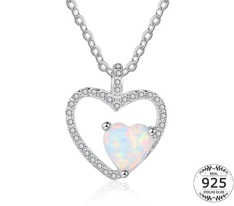 Micro Pave Cubic Zirconia Heart Necklace Pendants Women 925 Sterling Silver Opal Solitaire Necklace Chain