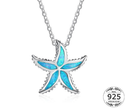 925 Sterling Silver Starfish Opal Necklace For Women Sea Animal Starfish Necklace Collier Blue Stone Pendant Necklace Chain