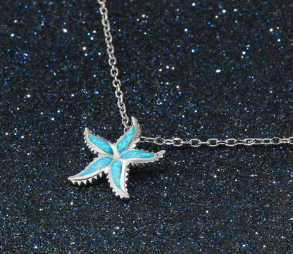 925 Sterling Silver Starfish Opal Necklace For Women Sea Animal Starfish Necklace Collier Blue Stone Pendant Necklace Chain