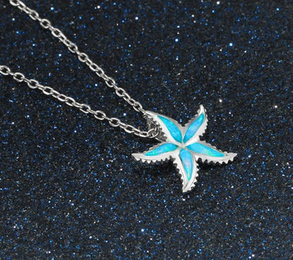 925 Sterling Silver Starfish Opal Necklace For Women Sea Animal Starfish Necklace Collier Blue Stone Pendant Necklace Chain