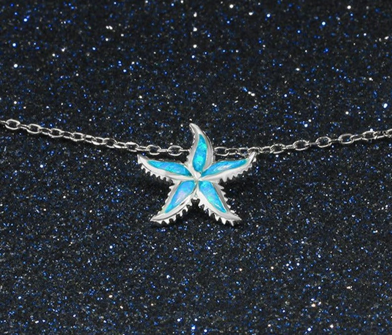 925 Sterling Silver Starfish Opal Necklace For Women Sea Animal Starfish Necklace Collier Blue Stone Pendant Necklace Chain