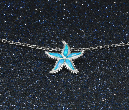 925 Sterling Silver Starfish Opal Necklace For Women Sea Animal Starfish Necklace Collier Blue Stone Pendant Necklace Chain