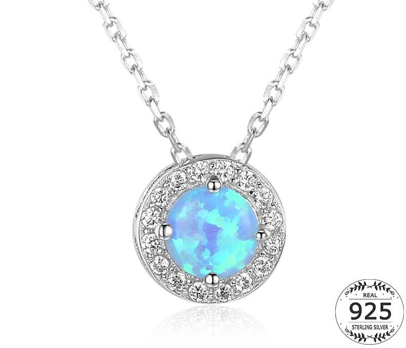 925 Sterling Silber Solitär Halskette Damen Blauer Feueropal Anhänger Halskette Zirkon CZ Pave Halo Halskette Ketten