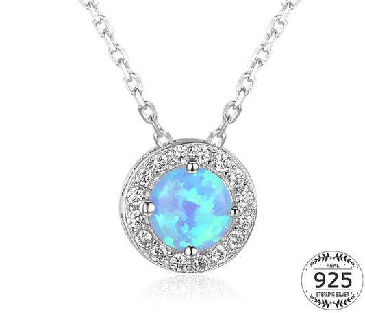 925 Sterling Silver Solitaire Necklace Women Blue Fire Opal Pendant Necklace Zircon CZ Pave Halo Necklace Chains