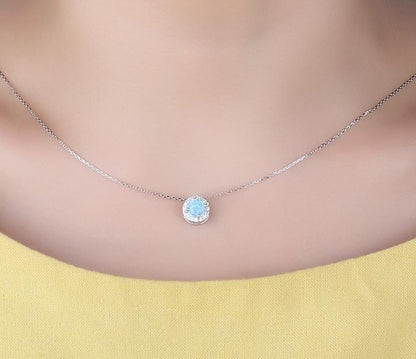 925 Sterling Silver Solitaire Necklace Women Blue Fire Opal Pendant Necklace Zircon CZ Pave Halo Necklace Chains