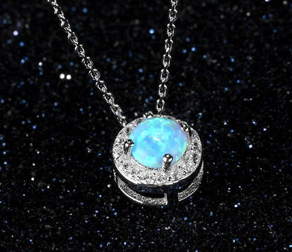 925 Sterling Silver Solitaire Necklace Women Blue Fire Opal Pendant Necklace Zircon CZ Pave Halo Necklace Chains