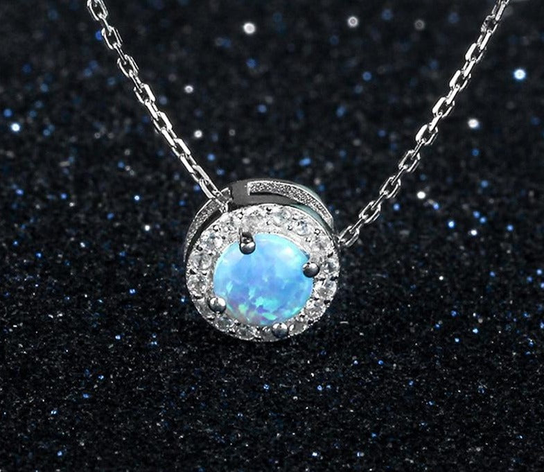 925 Sterling Silber Solitär Halskette Damen Blauer Feueropal Anhänger Halskette Zirkon CZ Pave Halo Halskette Ketten