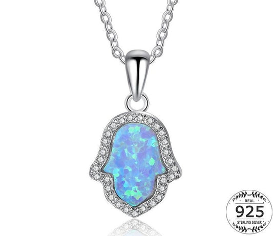 925 Sterling Silver Hamsa Blue Fire Opal Necklace Womens Hand Pendant Necklace Chain Zirconia Solitaire Necklace