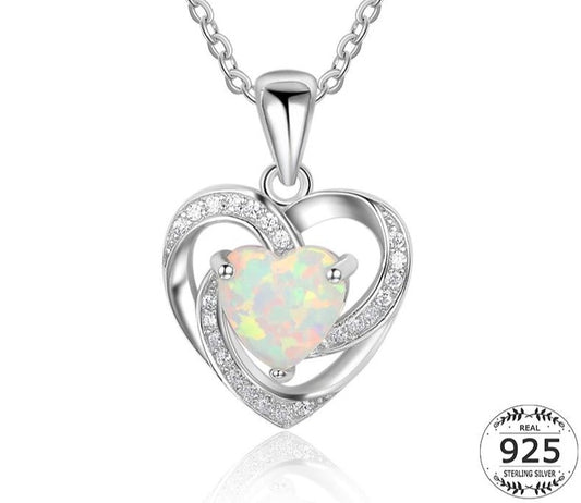 925 Sterling Silver Opal Necklace Women Cubic Zirconia Heart Pendant Necklace Collar Dangle Hollow Drop Necklace