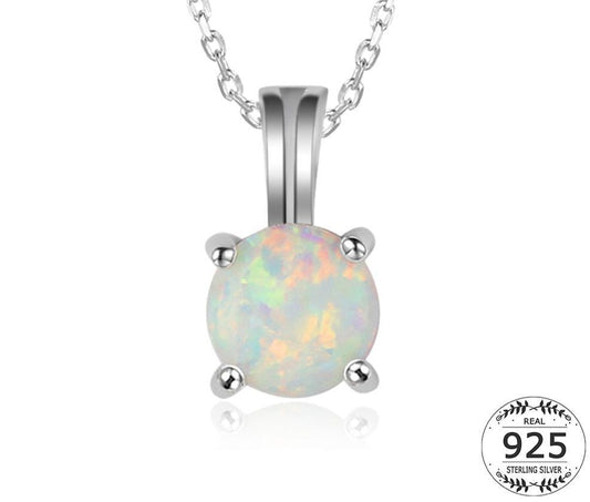 925 Sterling Silber Feueropal Halskette für Frauen Runde Edelstein Solitär Halskette Anhänger Tropfenketten Halsketten