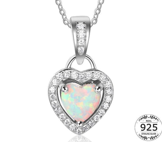 925 Sterling Silver Heart Pendant Necklace For Women Zirconia CZ Pave Opal Necklace Link Chains Necklace