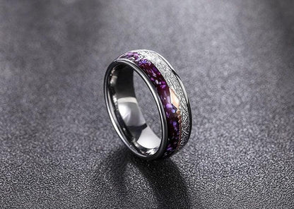 Purple abalone with Gibeon meteorite, set in a polished silver Tungsten band.