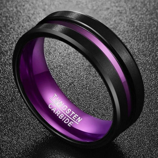 Purple ring featuring a black Tungsten exterior with purple interior and stripe.