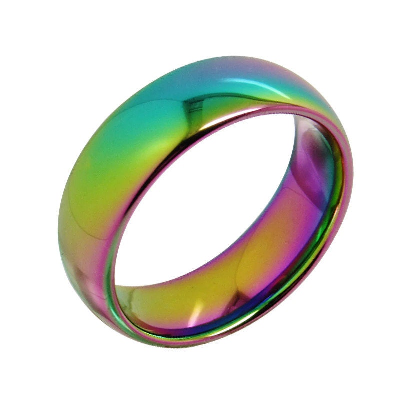 Iridescent rainbow ring crafted from Tungsten, 5mm width, domed shape.