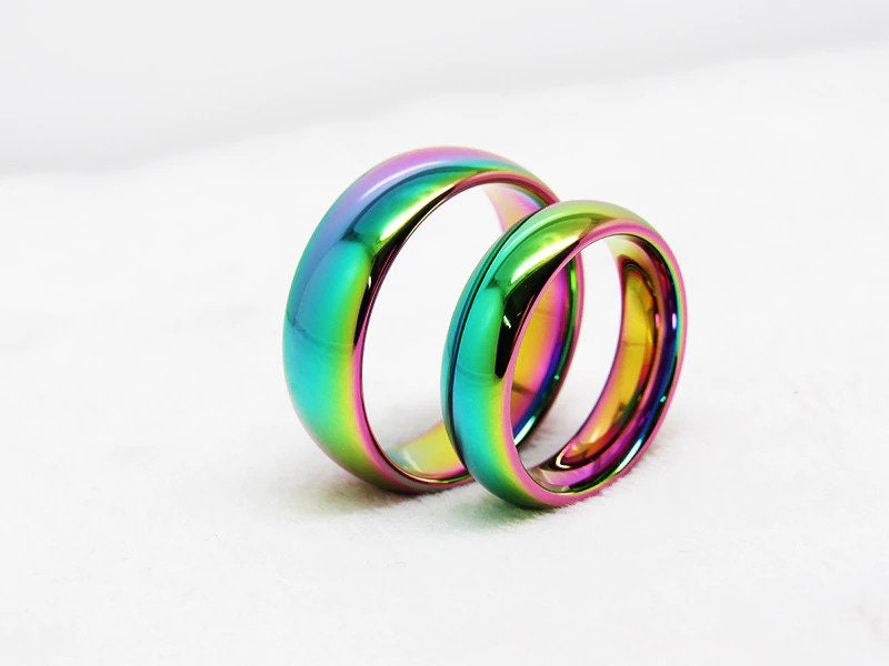 Iridescent Tungsten rainbow rings set, featuring vibrant colors.